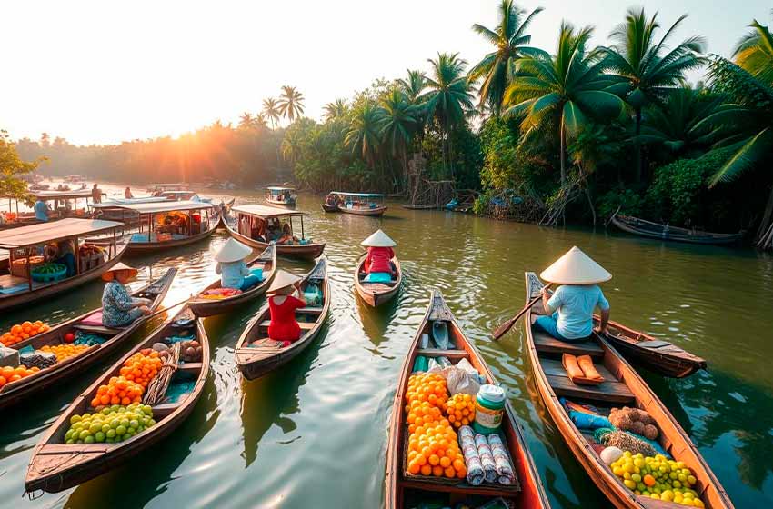 Barcas navegando en el río Mekong, Vietnam