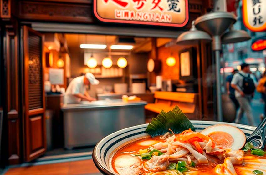 Plato de ramen humeante frente a la entrada de un local en Japón