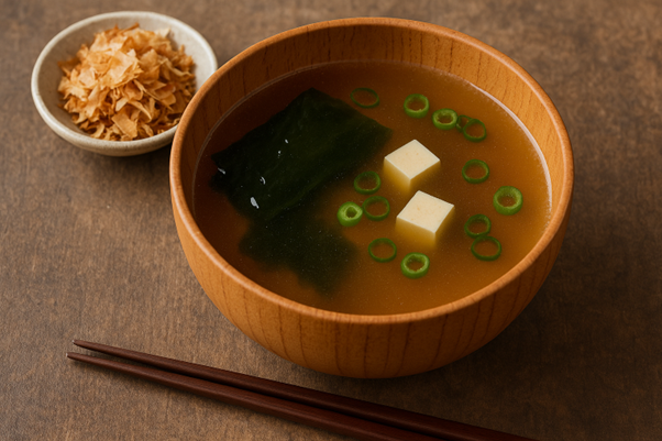 Plato de madera con caldo dashi de kombu y katsuobushi